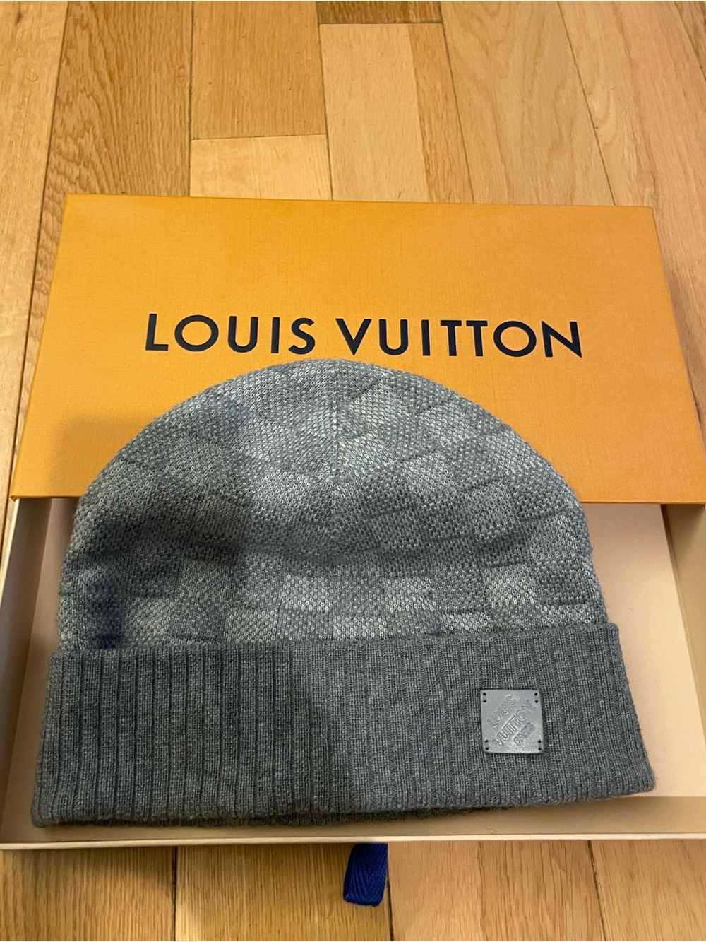 Louis Vuitton Gray Damier Pattern Ribbed Cuff Beanie